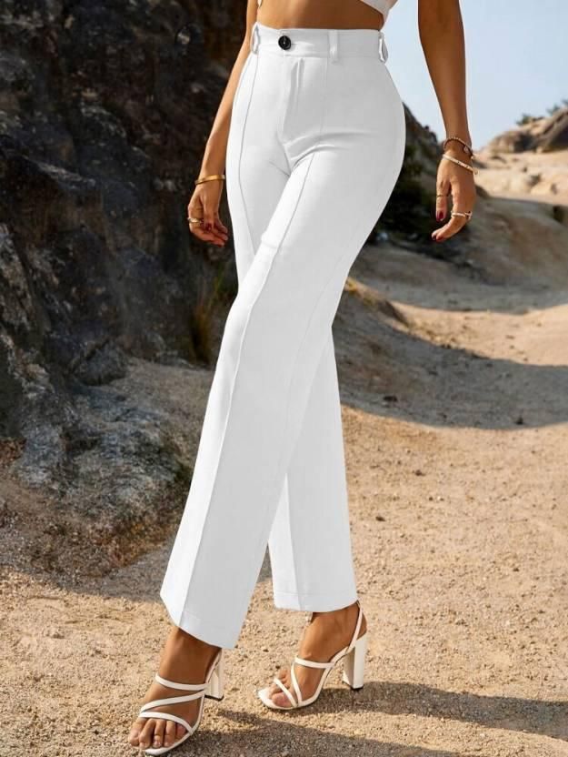 White Women Regular Fit Cotton Blend Trousers - Wayoftrend