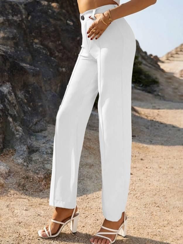 White Women Regular Fit Cotton Blend Trousers - Wayoftrend